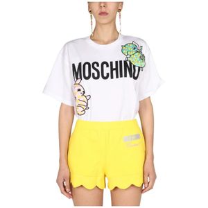 Moschino, Tops, Dames, Wit, S, Katoen, Logo Print en Patchwork T-Shirt