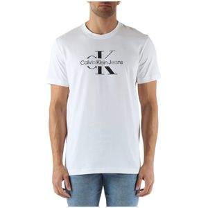 Calvin Klein Jeans, Tops, Heren, Wit, M, Katoen, Katoenen Logo Print Ronde Hals T-shirt