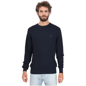 Tommy Hilfiger, Truien, Heren, Blauw, 2Xl, Katoen, Blauwe Crew-Neck Sweater met Honingraat Weefsel