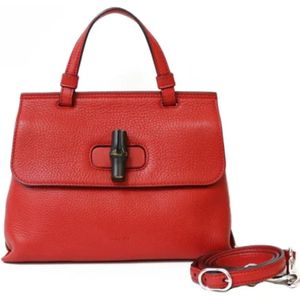 Gucci Vintage, Pre-owned, Dames, Rood, ONE Size, Tweed, Rode Leren Gucci Bambus Tas