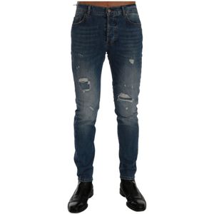 Frankie Morello, Jeans, Heren, Blauw, W40, Katoen, Slim Fit Logo Jeans Blauwe Wassing