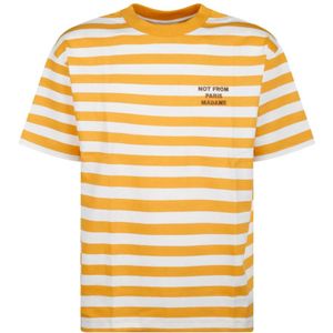 Drole de Monsieur, Tops, Heren, Veelkleurig, S, Katoen, Gestreept slogan T-shirt in oker en geel