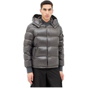 Moncler, Jassen, Heren, Grijs, S, Nylon, Gewatteerd Donsjack met Afneembare Capuchon