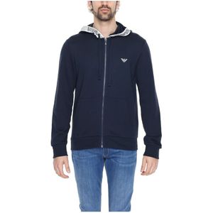 Emporio Armani, Sweatshirts & Hoodies, Heren, Blauw, XL, Katoen, Blauwe Bedrukte Hoodie met Rits