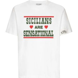 Dolce & Gabbana, Tops, Heren, Wit, M, Katoen, Bedrukt Sicilianen Groen Rood Ronde Hals Katoenen T-Shirt