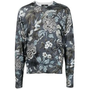 Etro, Sweatshirts & Hoodies, Heren, Blauw, L, Kasjmier, Floraal Print Kasjmier-Zijden Sweatshirt