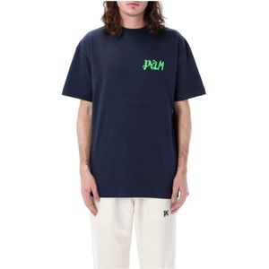 Palm Angels, Tops, Heren, Blauw, L, Katoen, Navy Grafische Print Crew Neck T-Shirt