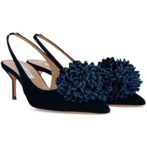 Aquazzura, Schoenen, Dames, Blauw, 38 1/2 EU, Blauwe Velvet Pom Pom Hakken