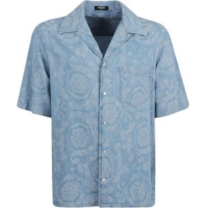 Versace, Overhemden, Heren, Blauw, L, Denim, Blauwe Denim Chambray Barok Jacquard Shirt