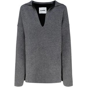 Jil Sander, Grijze Virgin Wool Halslijn Gebreide Trui Grijs, Dames, Maat:S