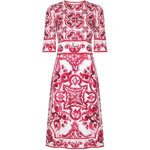 Dolce & Gabbana, Kleedjes, Dames, Veelkleurig, S, Majolica-print Zijden Midi-jurk