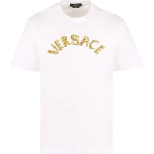 Versace, Tops, Heren, Wit, S, Katoen, Barok Logo Geborduurd Katoenen T-Shirt