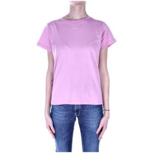 Pinko, Tops, Dames, Roze, S, Katoen, Logo Front T-shirt in Roze Katoen