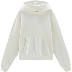 Woolrich, Sweatshirts & Hoodies, Dames, Wit, L, Katoen, Logo Hoodie in Katoen Fleece