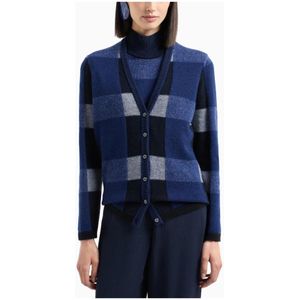 Emporio Armani, Truien, Dames, Blauw, L, Wol, Ruitpatroon V-hals Cardigan Sweaters