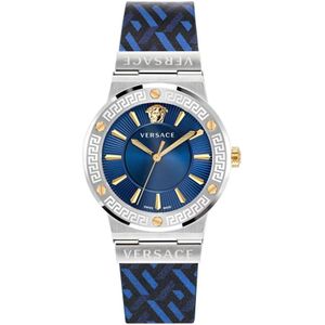Versace, Accessoires, Dames, Blauw, ONE Size, Greca Logo Leren Horloge Blauw