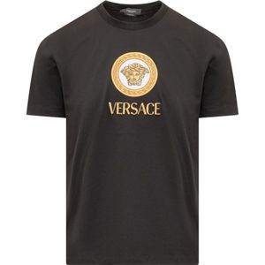 Versace, Tops, Heren, Zwart, S, Zwart Crew Neck T-shirt met Geborduurd Medusa Logo
