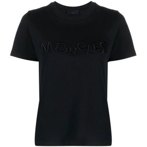 Moncler, Tops, Dames, Zwart, XS, Katoen, Zwarte geborduurde T-shirt