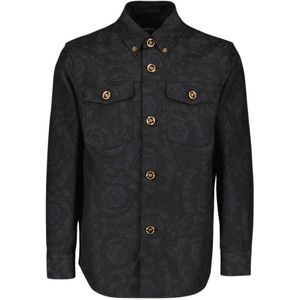 Versace, Overhemden, Heren, Grijs, S, Katoen, Barocco Print Classic Shirt Jacket