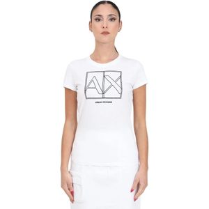 Armani Exchange, Tops, Dames, Wit, M, Katoen, Wit Geborduurd Logo T-shirt Lente/Zomer