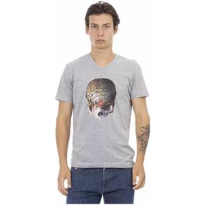 Trussardi, Grijze V-hals T-shirt met voorkant print Grijs, Heren, Maat:2XL