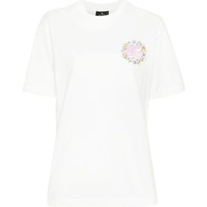 Etro, Tops, Dames, Wit, XS, Katoen, Bloemen Pegasus Geborduurd Wit T-shirt