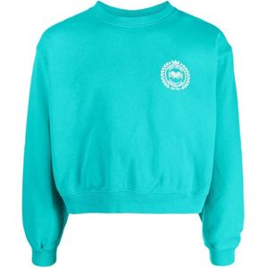 Sporty & Rich, Sweatshirts & Hoodies, Dames, Blauw, M, Katoen, Teal Blauw en Wit Motief Print Sweatshirt