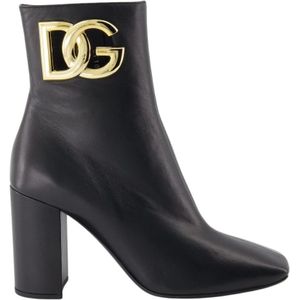 Dolce & Gabbana, Schoenen, Dames, Zwart, 37 EU, Leer, Metallic Logo Leren Laarzen met Rits