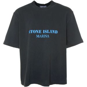 Stone Island, Tops, Heren, Blauw, XL, Logo Print Oversized T-Shirt