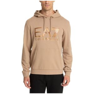 Emporio Armani Ea7, Sweatshirts & Hoodies, Heren, Beige, XL, Katoen, Trekkoord Patroon Logo Zak Hoodie