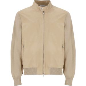 Brunello Cucinelli, Beige Leren Jas met Hoge Kraag en Ritssluiting Beige, Heren, Maat:M