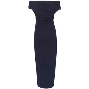My Essential Wardrobe, Elegant Off-Shoulder Gedrapeerde Jurk Total Eclipse Blauw, Dames, Maat:2XL