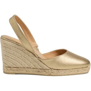 Castañer, Carissa metallic leren espadrilles met open hiel en 9 cm sleehak. Geel, Dames, Maat:35 EU