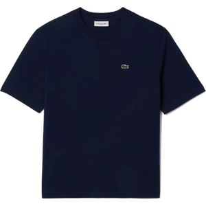 Lacoste, Tops, Dames, Blauw, M, Katoen, Zachte Jersey T-shirt met Geribbelde Kraag