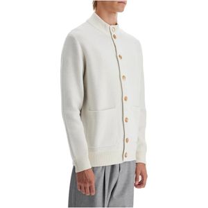 Brunello Cucinelli, Truien, Heren, Wit, L, Wol, Dubbelgebreide Cardigan met Zakken