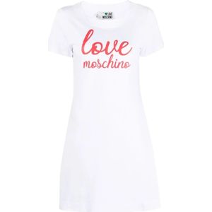Love Moschino, Logo-Print Katoenen T-Shirt Jurk Wit, Dames, Maat:XS