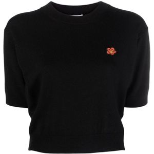 Kenzo, Truien, Dames, Zwart, L, Wol, Zwarte Crop Sweater met Contrastdetail