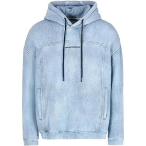 Emporio Armani, Sweatshirts & Hoodies, Heren, Blauw, M, Denim, Denim Sweatshirt met Capuchon en Logo Lettering