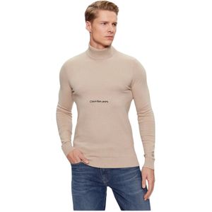 Calvin Klein, Truien, Heren, Beige, M, Katoen, Slim Fit Coltrui - Beige