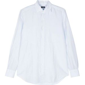 Finamore, Lichtblauw Linnen-Katoen Overhemd Wit, Heren, Maat:M