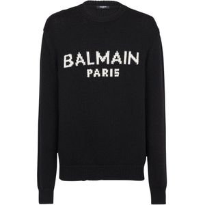 Balmain, Sweatshirts & Hoodies, Heren, Zwart, S, Wol, Witte Logo Merinowollen Trui