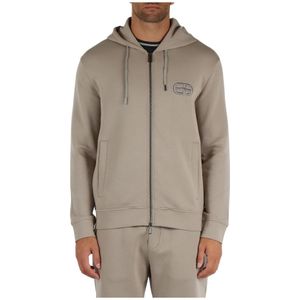 Emporio Armani, Sweatshirts & Hoodies, Heren, Beige, 2Xl, Katoen, Katoenen Hoodie met Rits en Logo