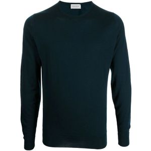 John Smedley, Groene wollen trui met ronde hals Groen, Heren, Maat:M