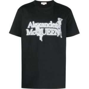 Alexander McQueen, Tops, Heren, Zwart, S, Zwart Logo Grafisch T-shirt Ronde Hals