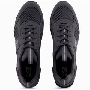 Emporio Armani Ea7, Schoenen, Heren, Zwart, 44 2/3 EU, Leer, Zwarte Sneakers met Reflecterende Details