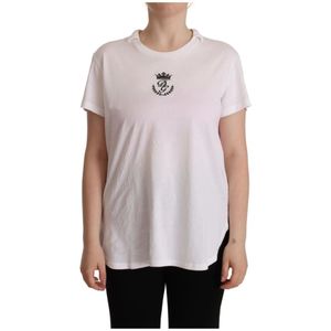 Dolce & Gabbana, Tops, Dames, Wit, M, Katoen, Witte DG Crown Print Kraag T-shirt