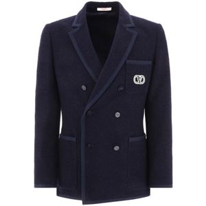 Valentino, Bouclé Wol Blazer met V Logo Borduursel Blauw, Heren, Maat:L