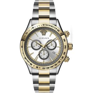 Versace, Klassieke Chrono Herenhorloge Chronograaf Zilver Goud Staal Zilver Wijzerplaat Geel, Heren, Maat:ONE Size