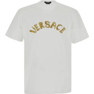 Versace, Gouden Logo Geborduurd T-Shirt Wit, Heren, Maat:L