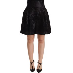Dolce & Gabbana, Korte broeken, Dames, Zwart, S, Katoen, Elegante Zwarte Bloemen Brokaat Hoge Taille Rok